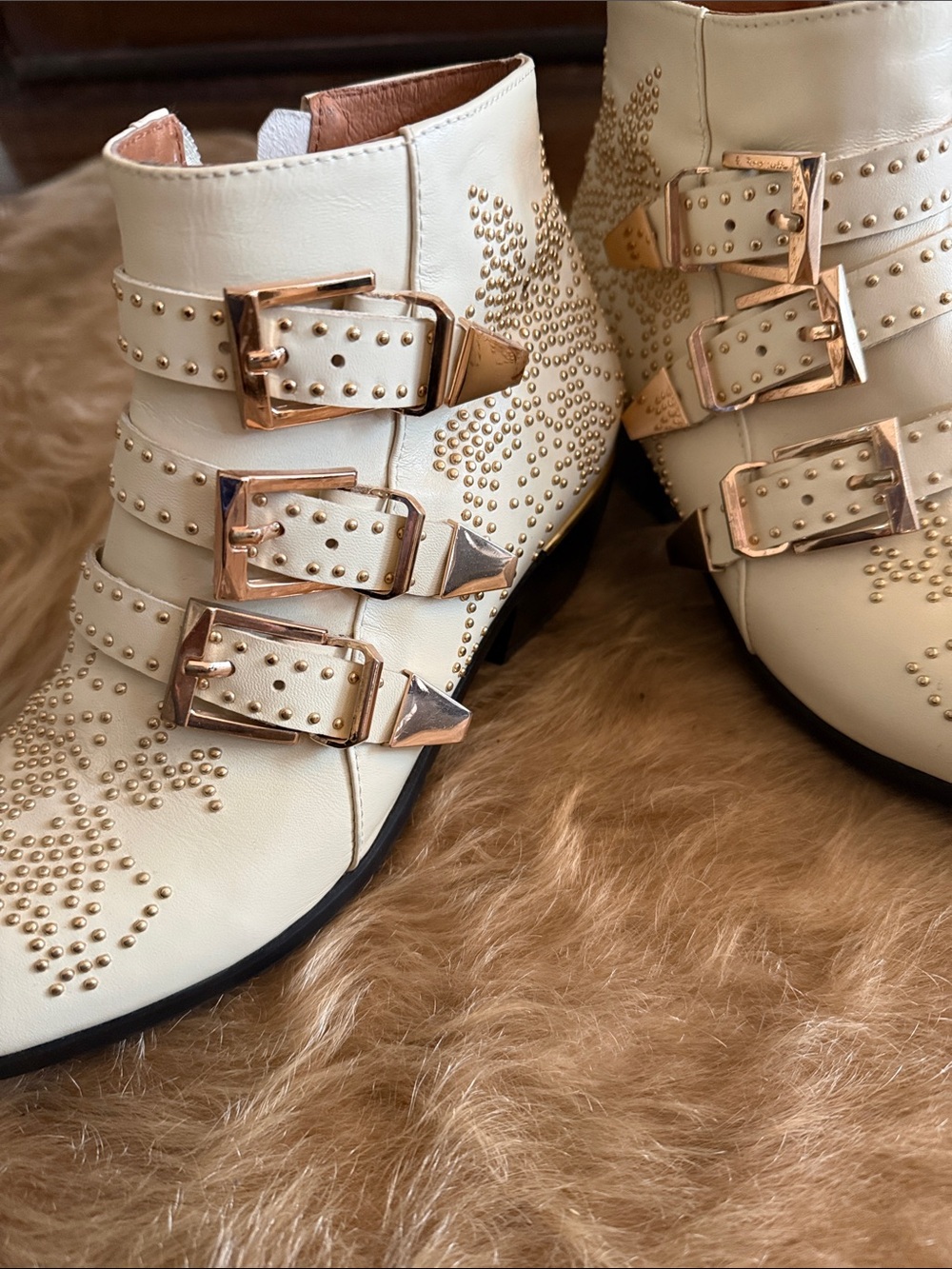 Studded Cream Ankle Boots with Gold Buckles